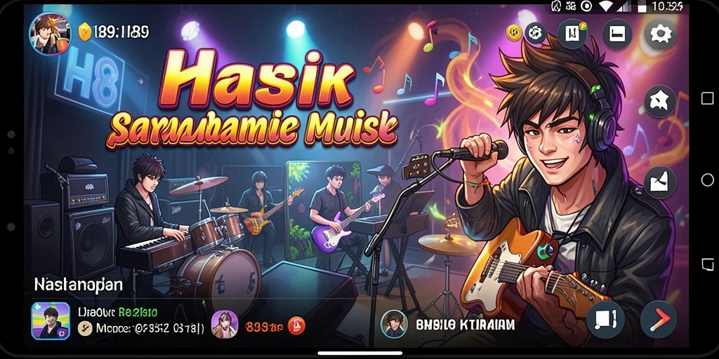 Tampilan gameplay H89 dengan berbagai lagu dan tantangan musik.